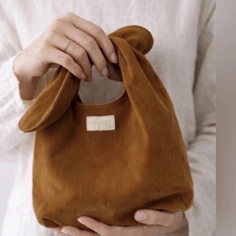 Merit Beauty Corduroy Bag Mustard Yellow Knot Handle Tote Wristlet Makeup Bag